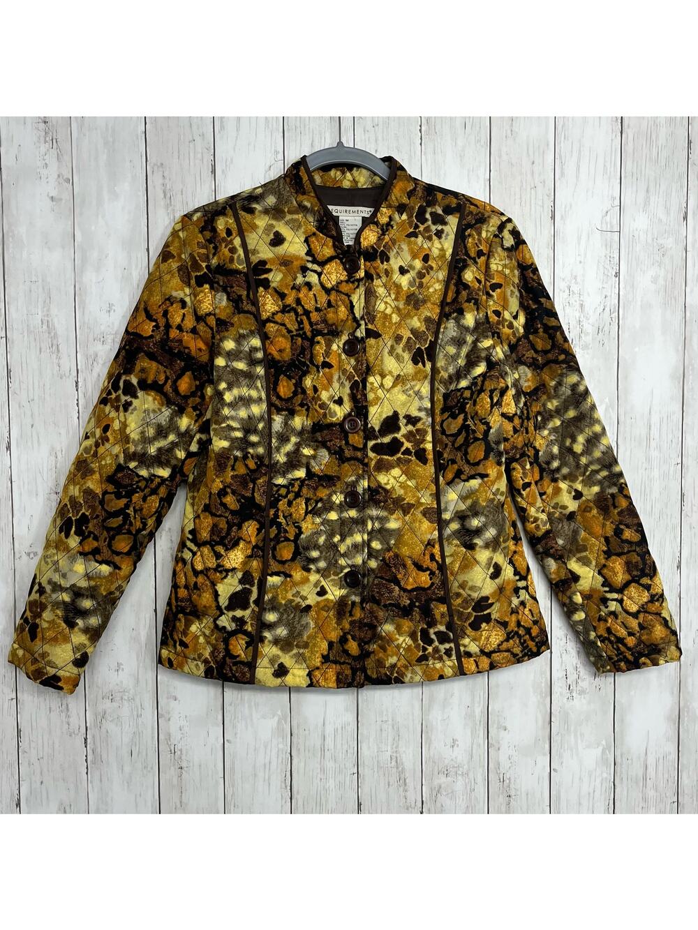 Requirements Lined Quilted Gold Brown Animal Abstract Print Button Jacket Medium